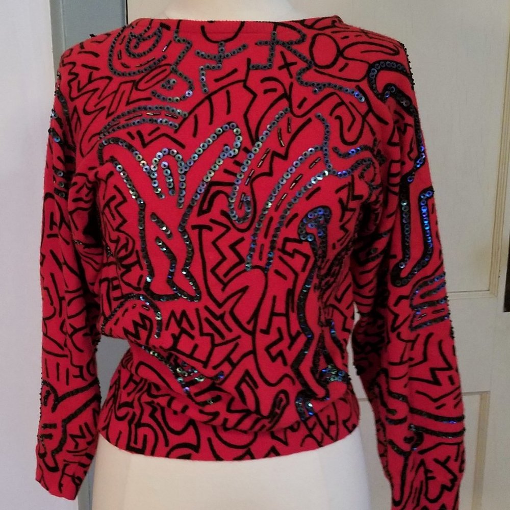 Red 90s Keith Haring Sequin Novelty Print Batwing
